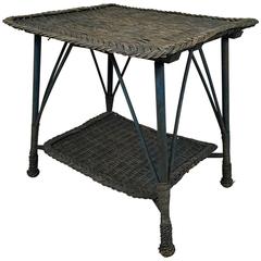 Antique Wicker Table in Original Blue Paint