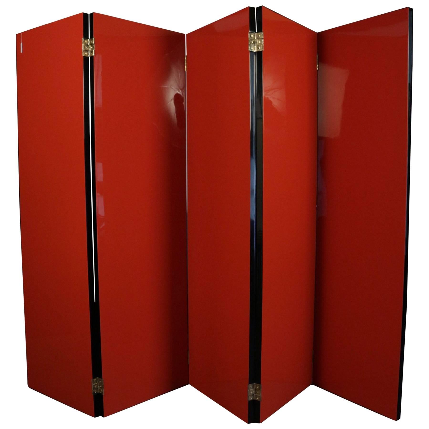 Spectacular Five Leaves Screen, 1940s, Lacquered Wood, Orange and Black For Sale