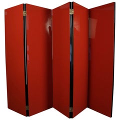 Spectacular Five Leaves Screen, 1940s, Lacquered Wood, Orange and Black