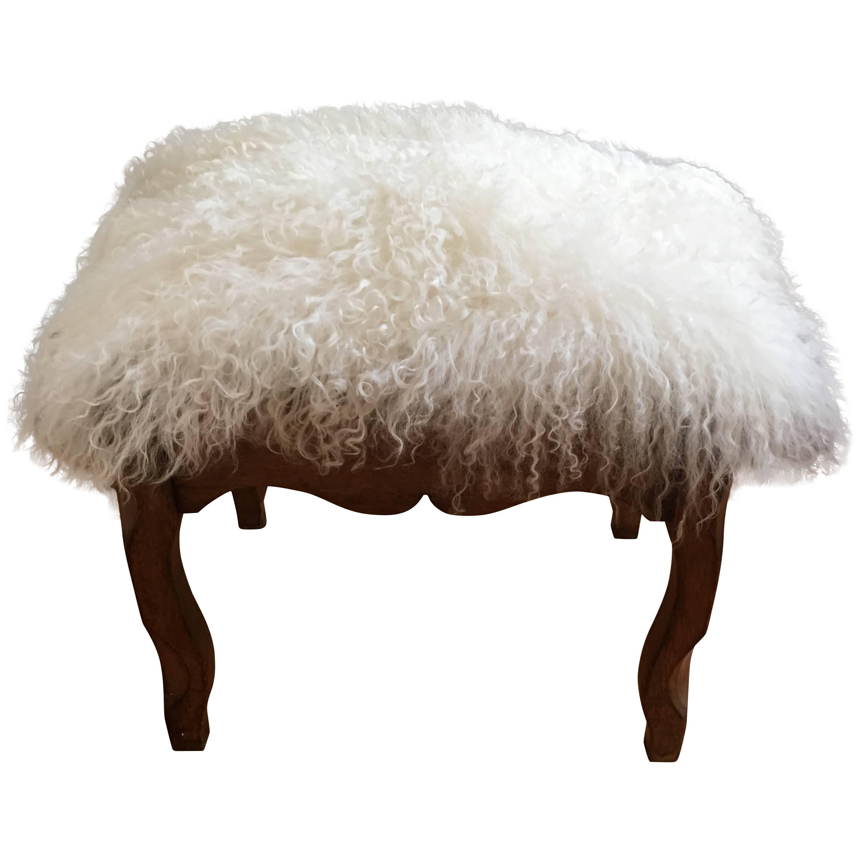 Carved Wooden Step Stool with Yak Fur