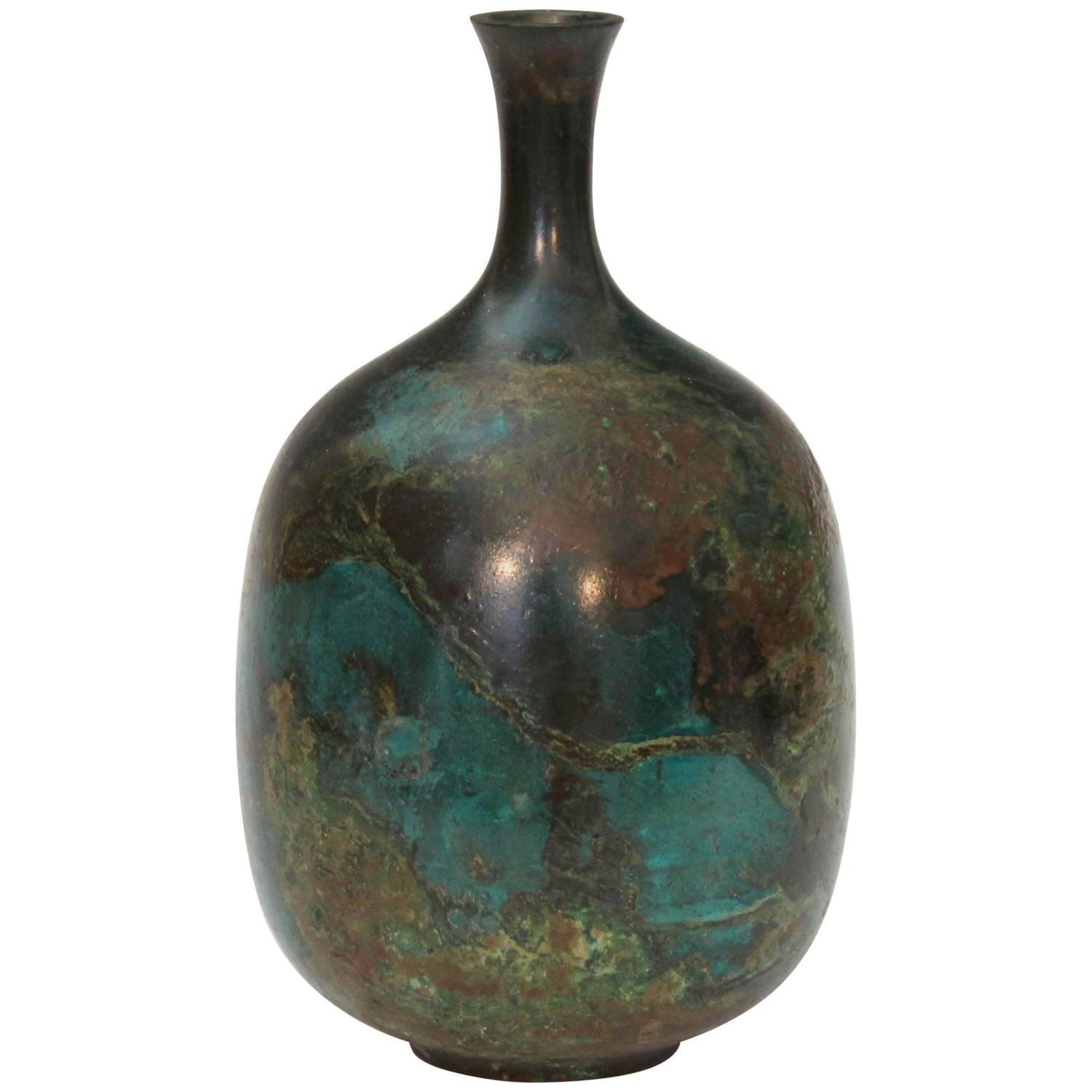 Vintage Japanese Green Patinated Bronze Bottle Vase at 1stdibs