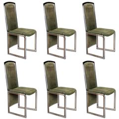 Set of Six Italian Mid-Century Chrome Brass Frame High Back Velvet Chairs