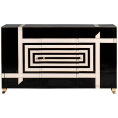 Vintage Italian Sideboard with Black and Cream Op Art Murano Glass Overlay