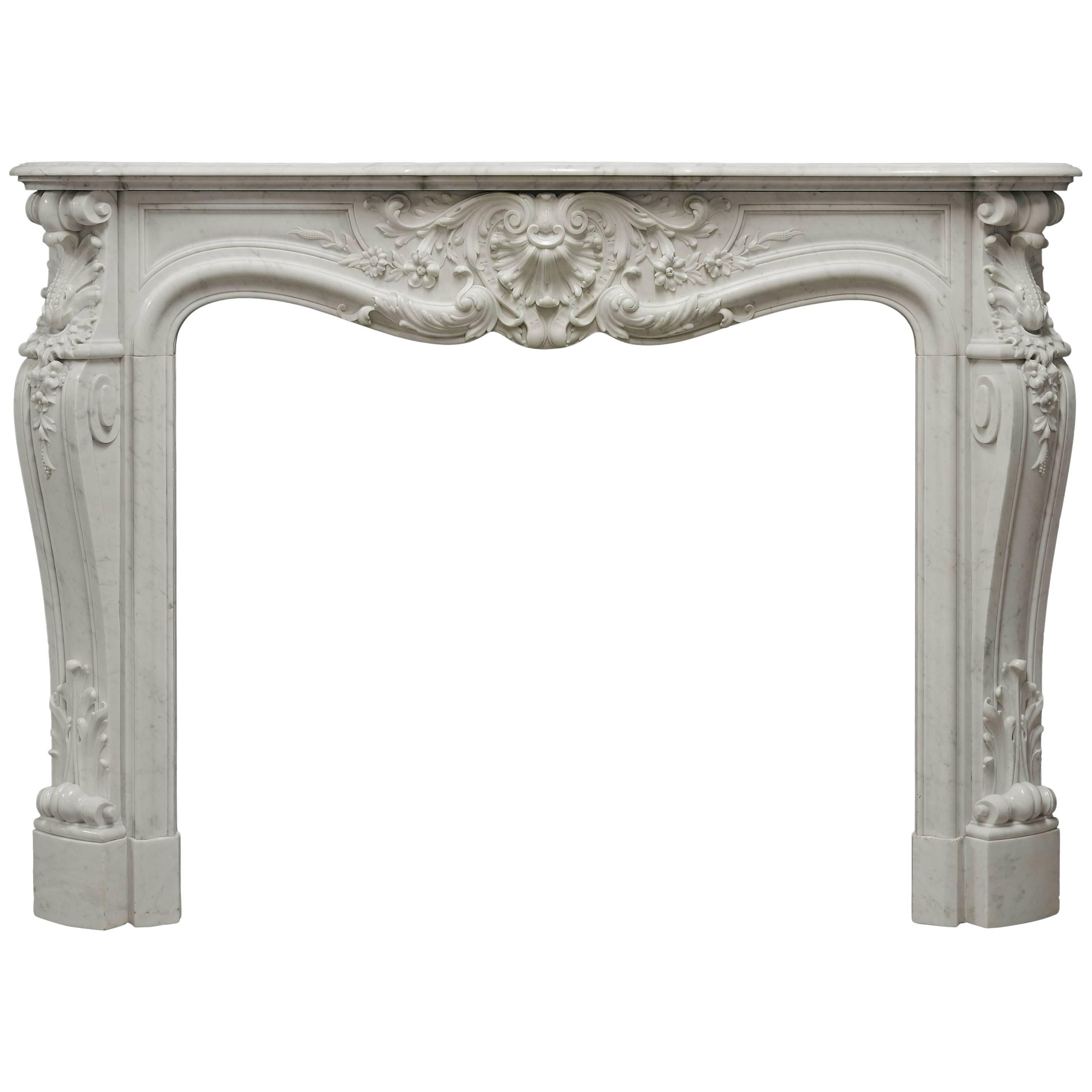 Beautiful Antique 19th Century French Louis XV Fireplace in Carrara White Marble