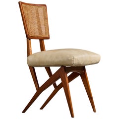 Italian Designer, Side Chair, Wood, Cane, Vinyl, Italy, 1950s