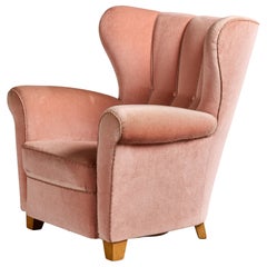 Swedish Designer, Lounge Chair, Wood, Velvet, Sweden, 1940s