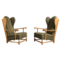 Danish Designer, Lounge Chairs, Oak, Fabric, Denmark, 1970s