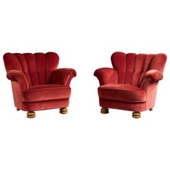 Swedish Designer, Lounge Chairs, Wood, Velvet, Sweden, 1930s