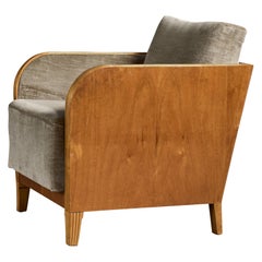 Swedish Designer, Lounge Chair, Walnut, Birch, Velvet, Sweden, 1930s