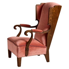 Swedish Designer, Lounge Chair, Oak, Velvet, Sweden, 1930s
