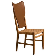 Swedish Designer, Side Chair, Oak, Rattan, Vinyl, Sweden, 1950s