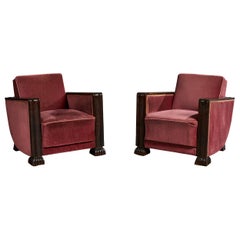 Swedish Designer, Lounge Chairs, Wood, Velvet, Sweden, 1930s