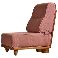 Guillerme & Chambron, Loungesessel, Eiche, Stoff, Frankreich, 1960er Jahre