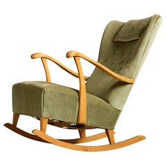 Schwedischer Designer, Schaukelstuhl, Birke, Samt, Schweden, 1940er Jahre