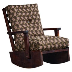 Brazilian Designer, Rocking Chair, Wood, Fabric, Brazil, 1970s