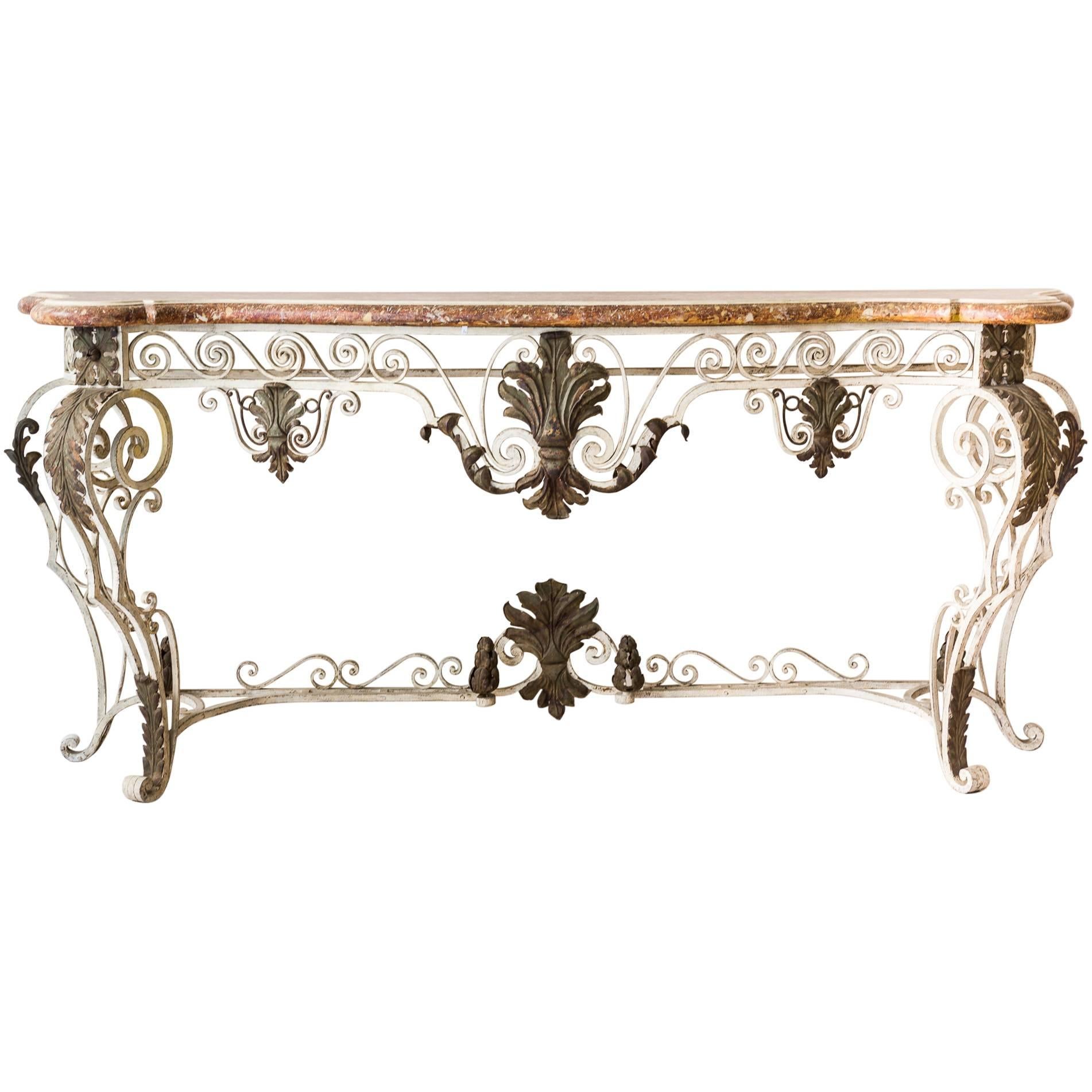 Mid 19th Century Wrought Iron Wooden Marbling Top Console Table