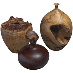 Set of Three Turned Burl Wood Vases, Hap Sakwa, Ron Pisani, USA, 1980s
