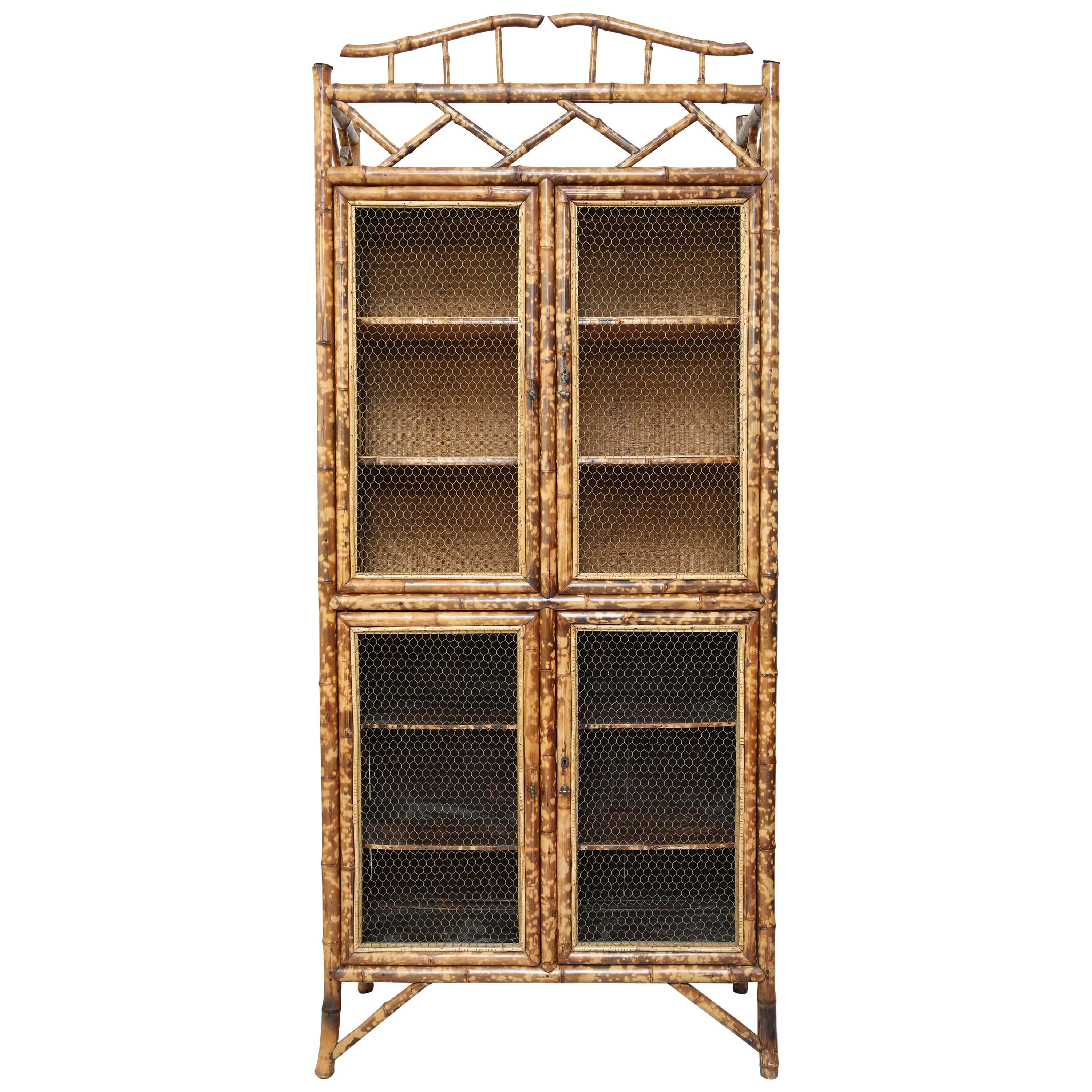 Antique Bamboo Cabinet with Chicken Wire Doors