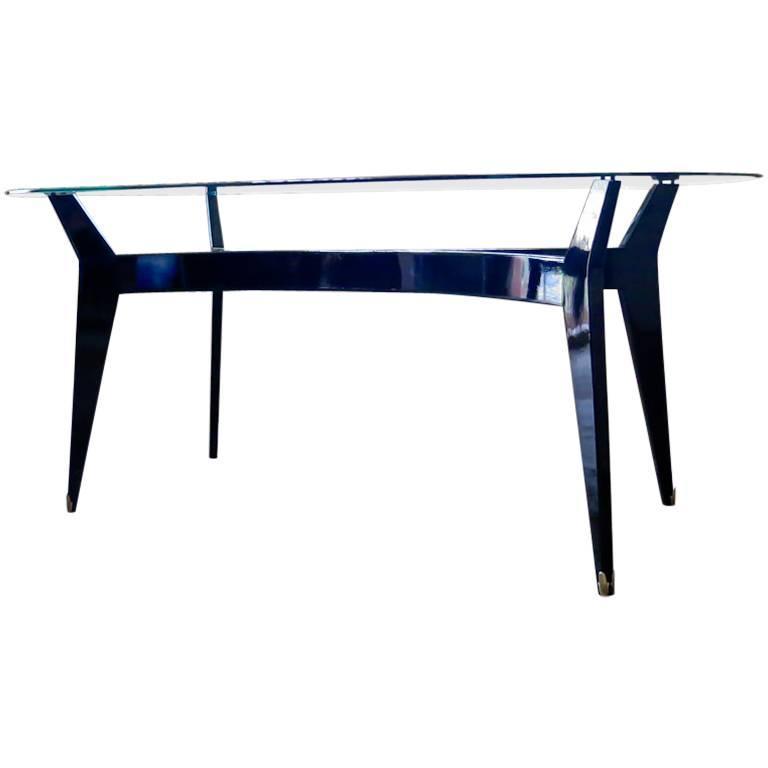 Mid Century Modern Italian Glass Top Dining Table Ebonized