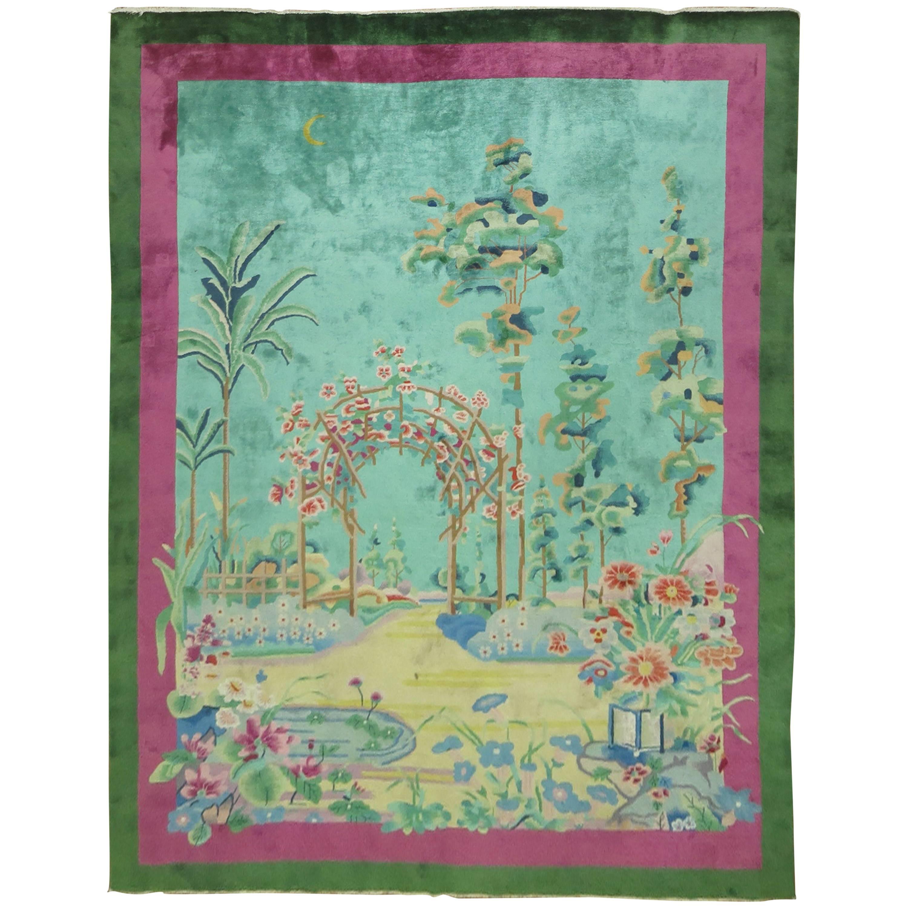 Antique Chinese Art Deco Rug with Landscape Scenery