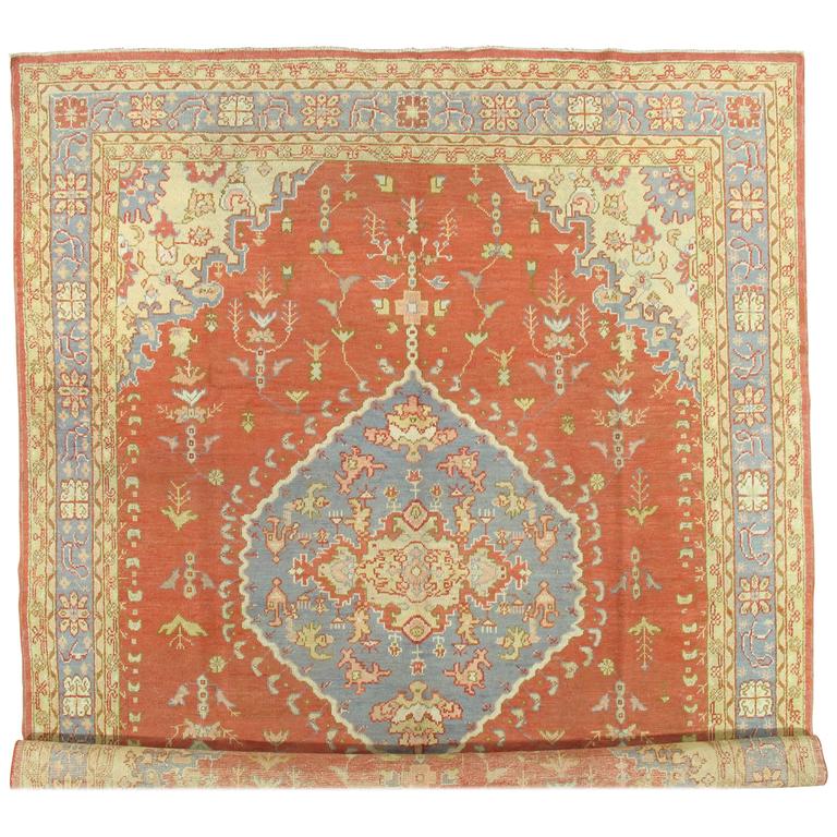 Antique Oushak Carpet, Handmade Oriental Rug, Coral and Light Blue Fine