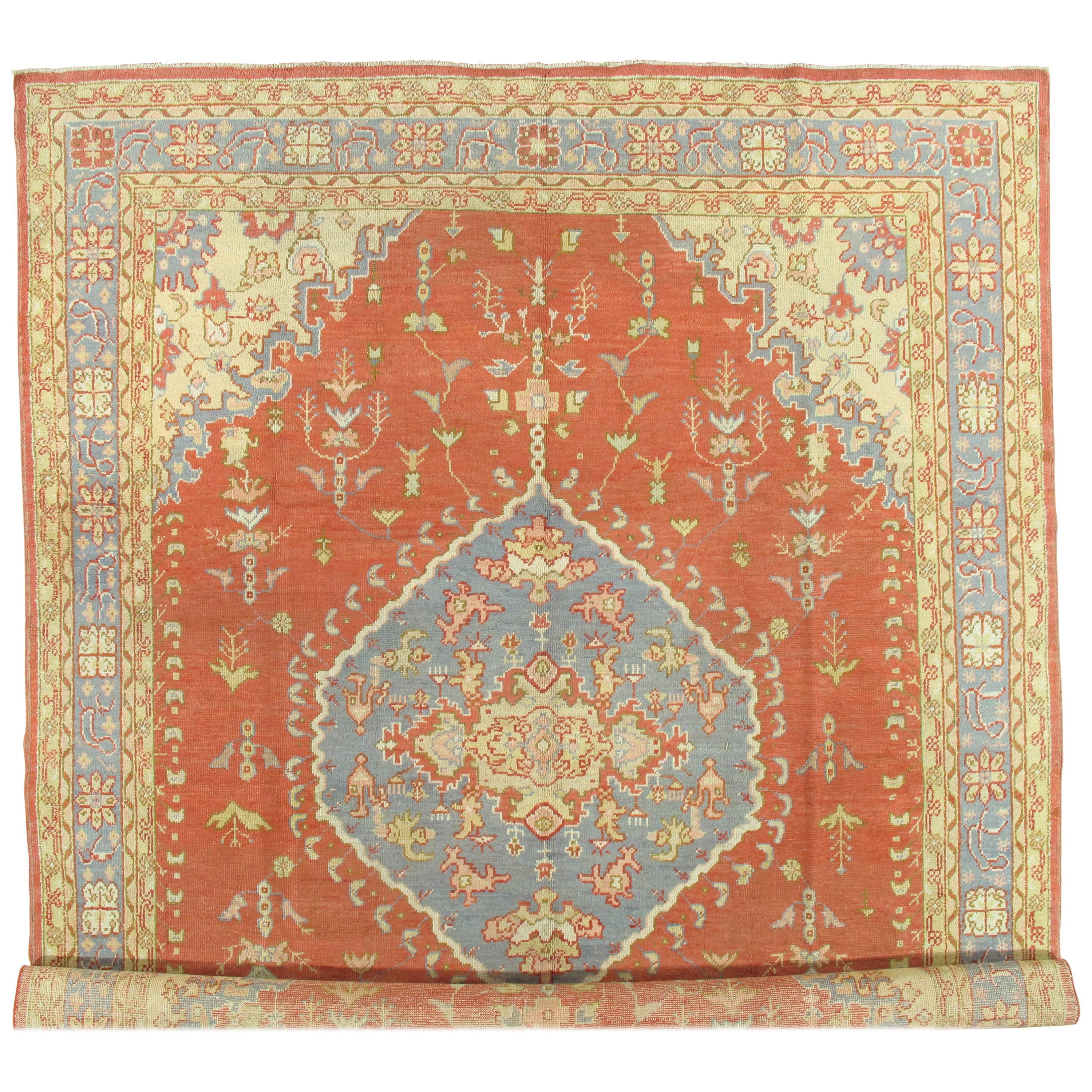 Antique Oushak Carpet, Handmade Oriental Rug, Coral and Light Blue Fine Rug
