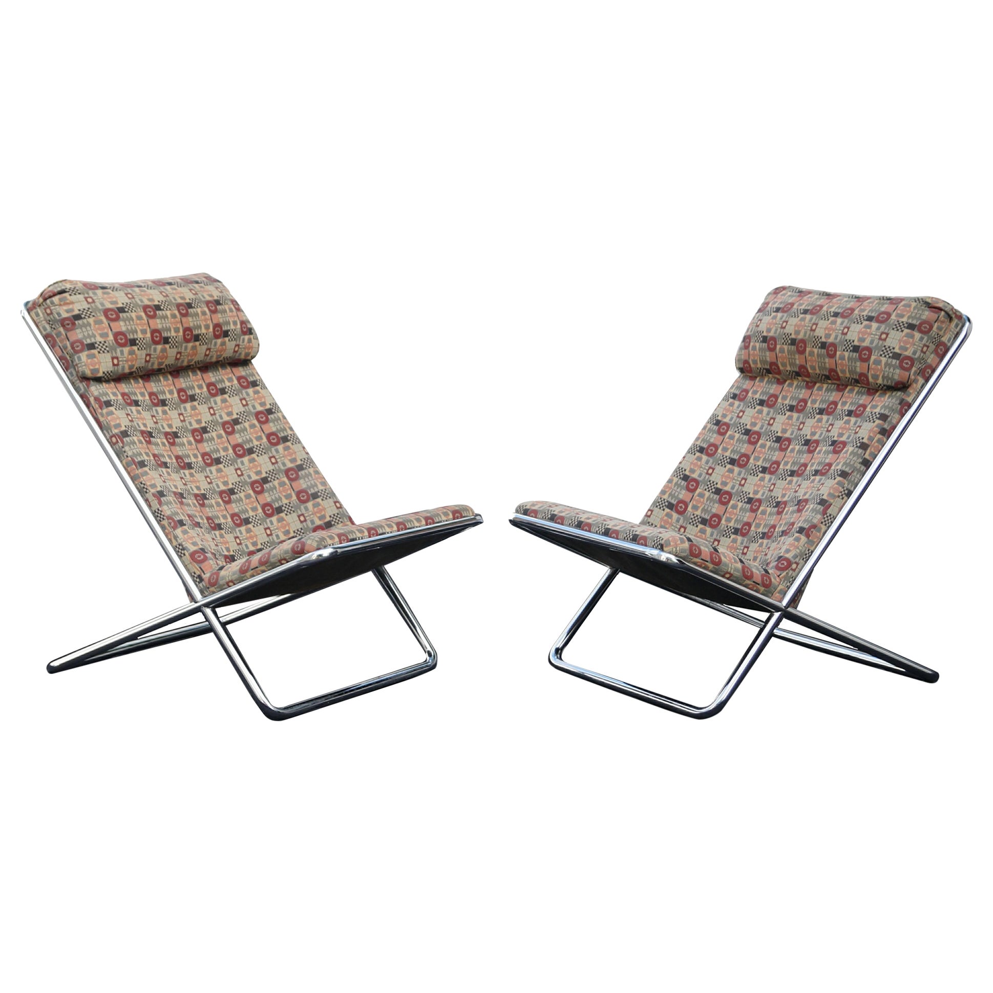 Pair of John Mascheroni Scissor Pillow Low Profile Highback Chairs For Sale