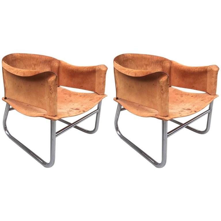 Pair of Italian Leather and Chrome Lounge Chairs For Sale at 1stdibs