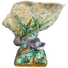 Antique Majolica Vase Bowl Dolphin Nautilus Shell English Royal Worcester c1870