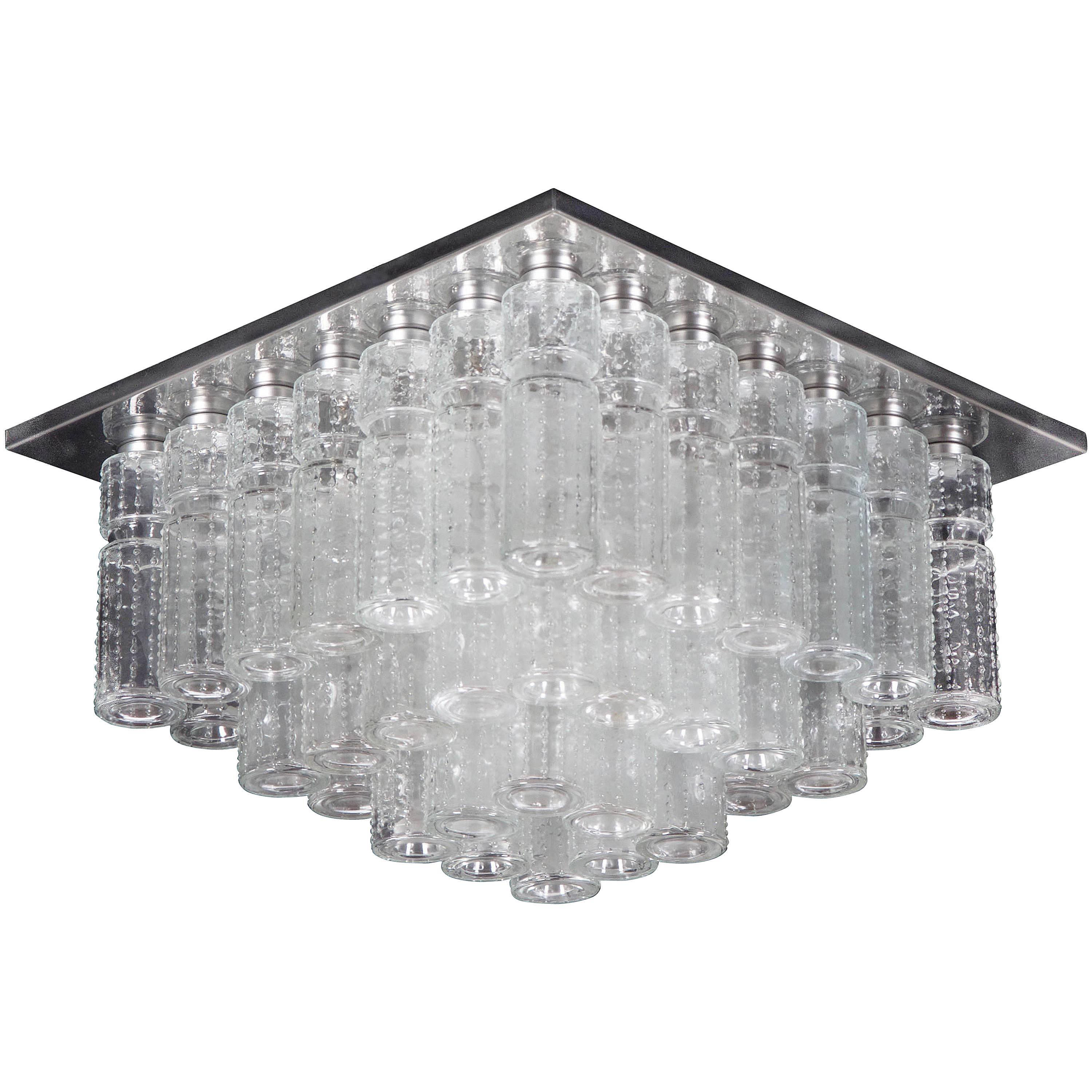 Beautiful Large Vintage Flush Mount Chandelier with Hand Blow Glass Prisms For Sale