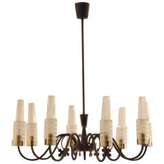 Mid-Century Modern Design 1950s Black Metal and Glass Chandelier Pendant Lamp 10