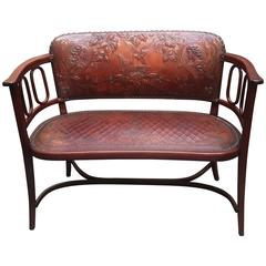 Antique Josef Hoffmann Bent Beechwood and Hand Tooled Leather Settee