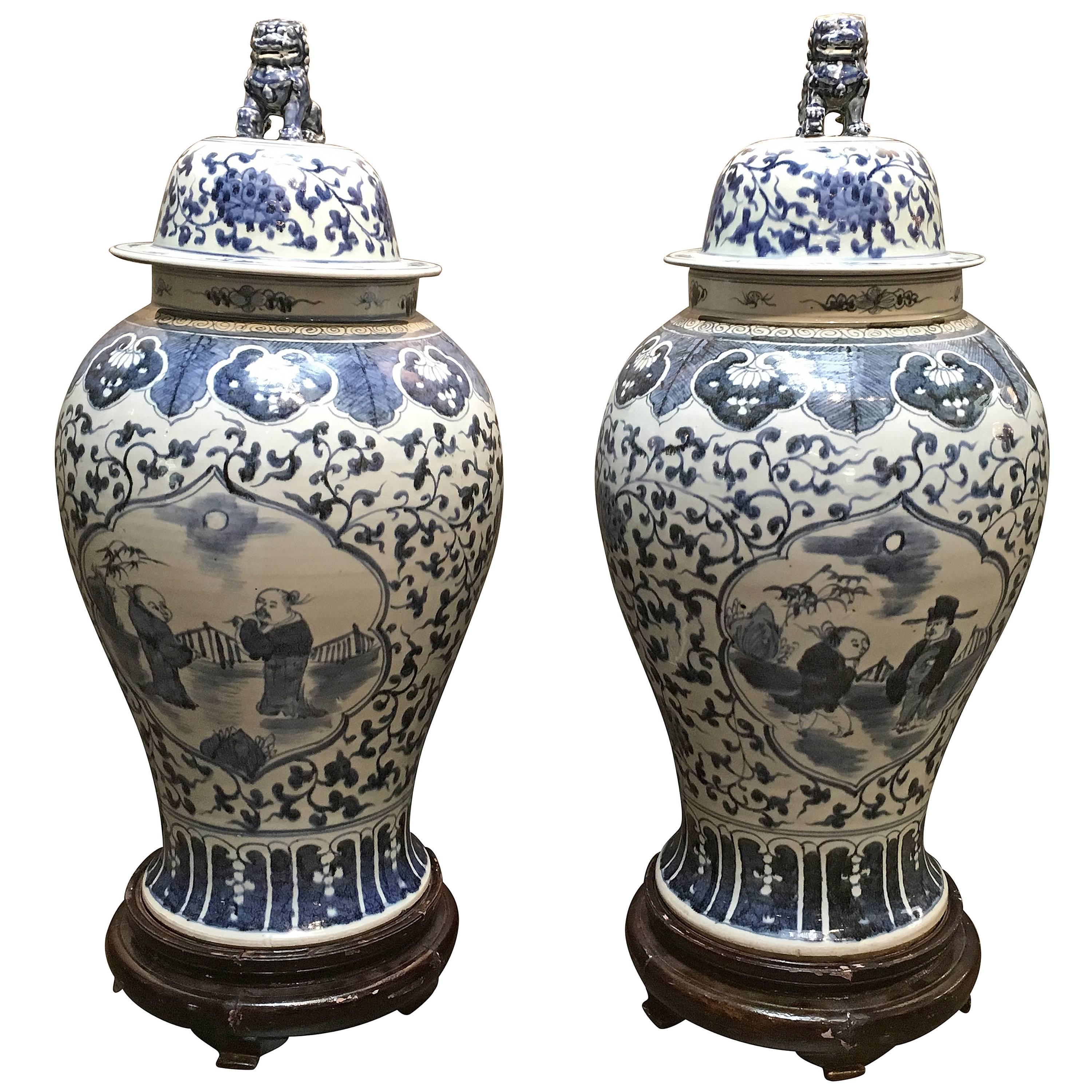 Pair of Large Chinese Blue and White Baluster Covered Jars