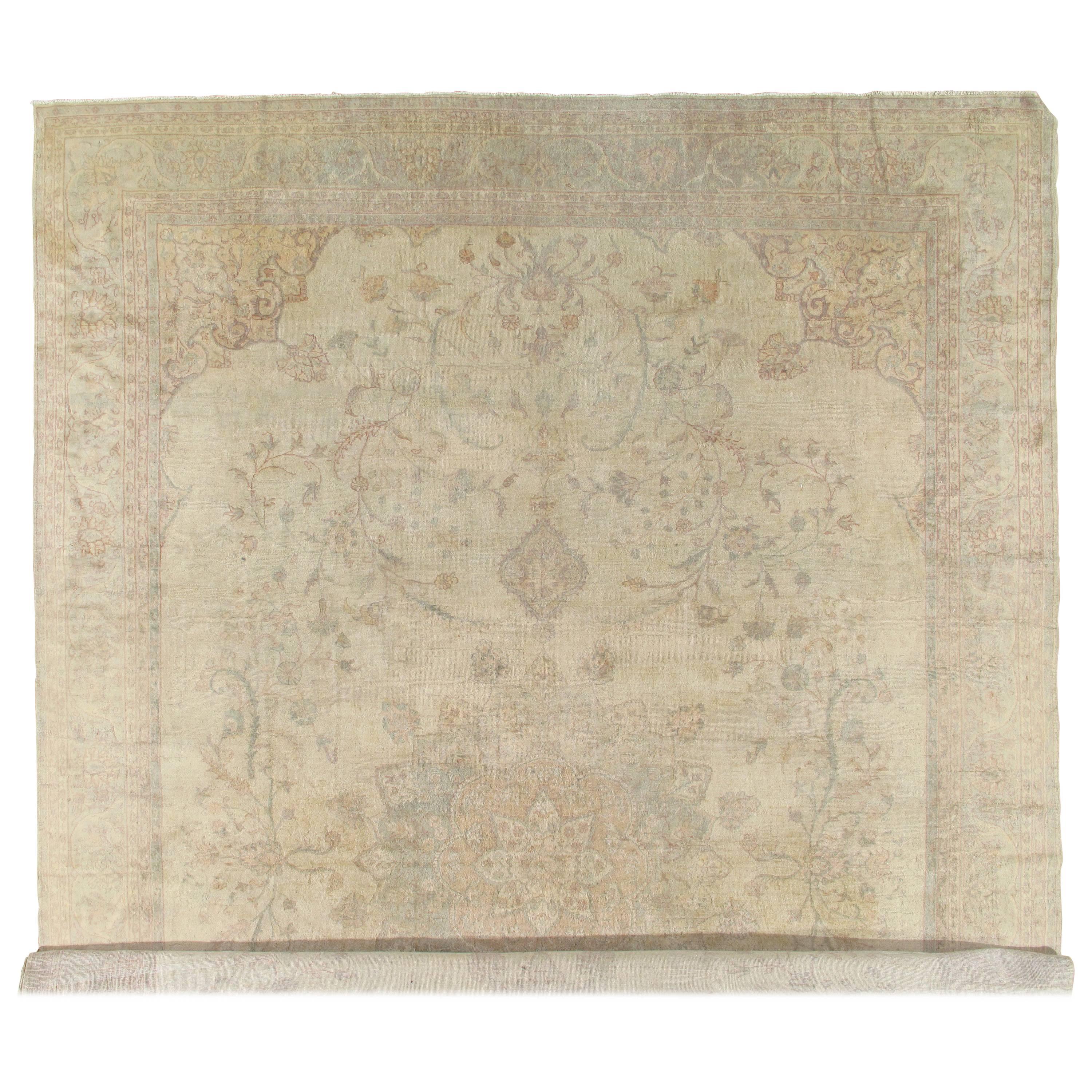 Antique Oushak Carpet, Handmade Oriental Rug, Ivory Rug, Taupe, Cream Fine Rug
