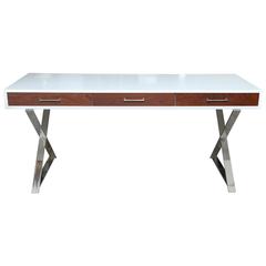 Mid-Century Modern, Milo Baughman Style "X" Chrome Base Rosewood Front Desk