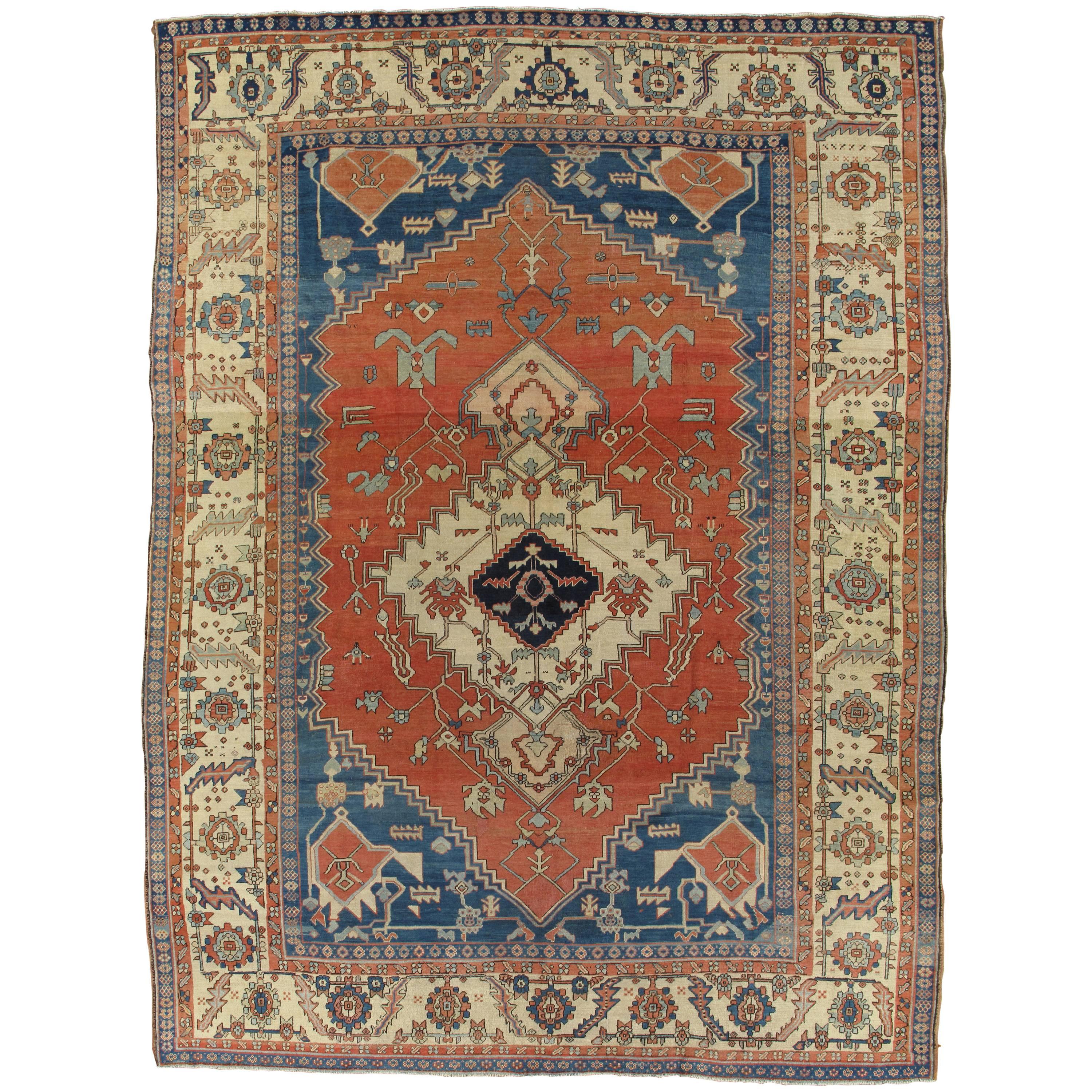 Antique Persian Serapi Carpet, Handmade Rug Ivory Border, Light Blue, Rust Ivory