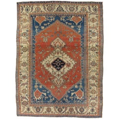 Antique Persian Serapi Carpet, Handmade Rug Ivory Border, Light Blue, Rust Ivory