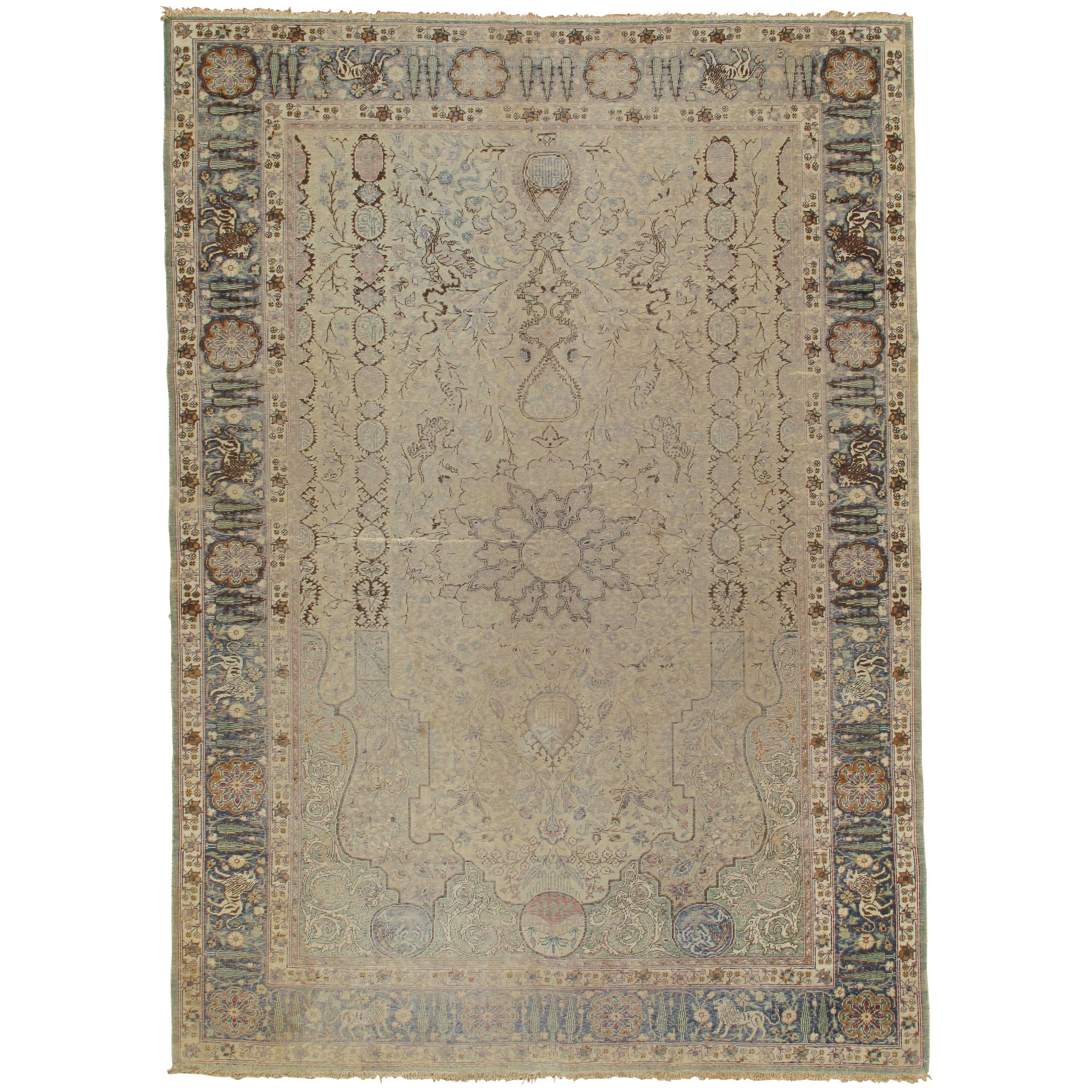 Seidenteppich Kaysari, Türkischer Teppich, handgefertigter orientalischer Teppich, Taupe, Grau, Grün