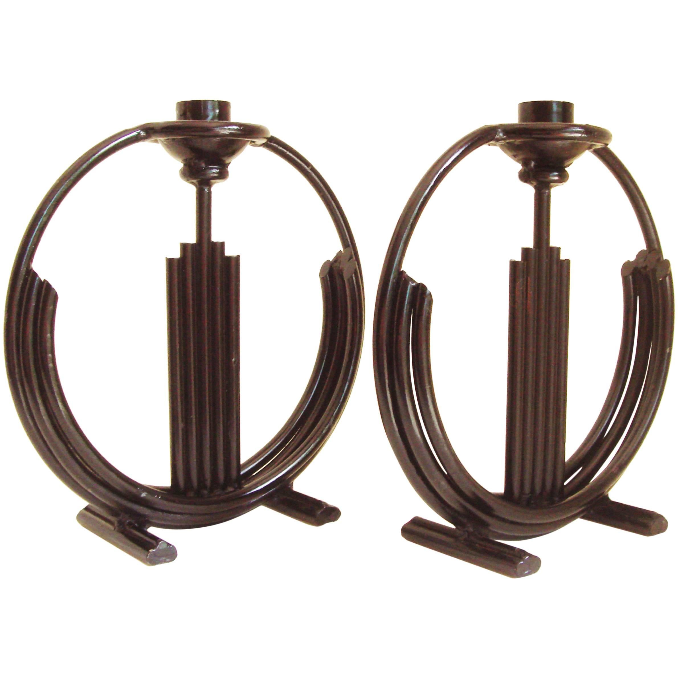 Large Pair of American Art Deco Black Enameled Hand-Wrought Iron Candlesticks For Sale