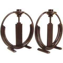 Vintage Large Pair of American Art Deco Black Enameled Hand-Wrought Iron Candlesticks