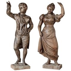 Pair of 18th Century Carved Wood Statues of Dancing Lady and Military Officer