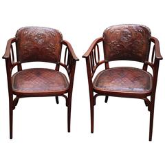 Pair of Josef Hoffman Bent Beechwood and Hand Tooled Leather Armchairs