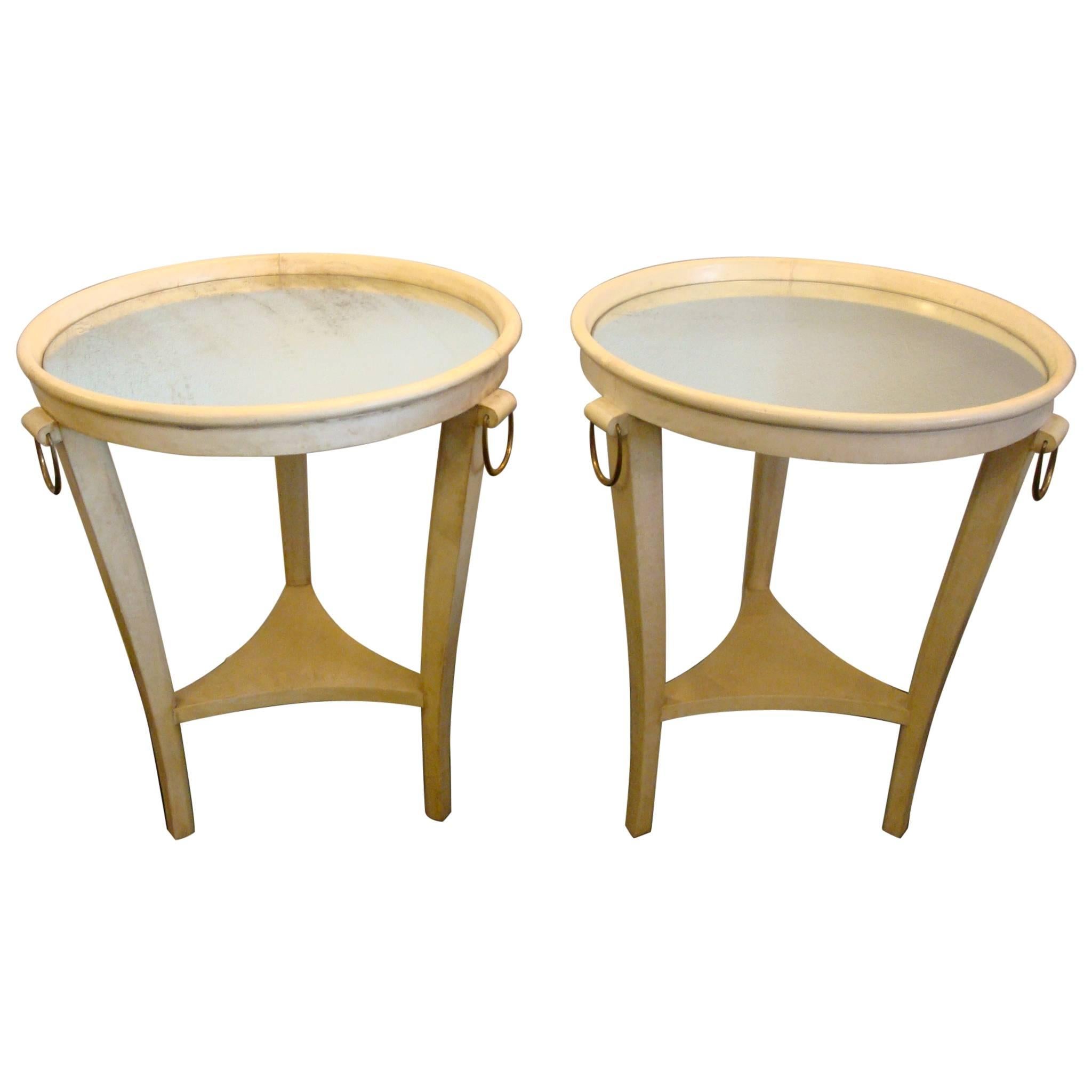 Art Deco Andre Arbus Parchment Leather and Mirror Side Tables, France, 1930s