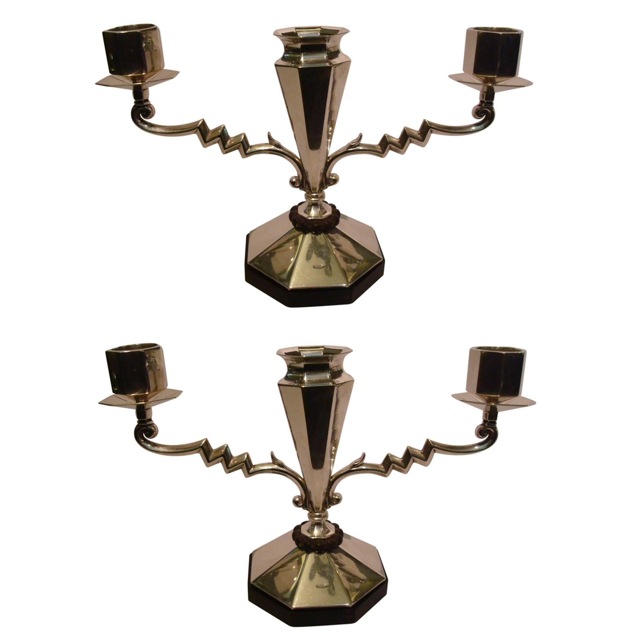 Pair of Art Deco Silver Candleholders with Flower Vase in the Middle For Sale