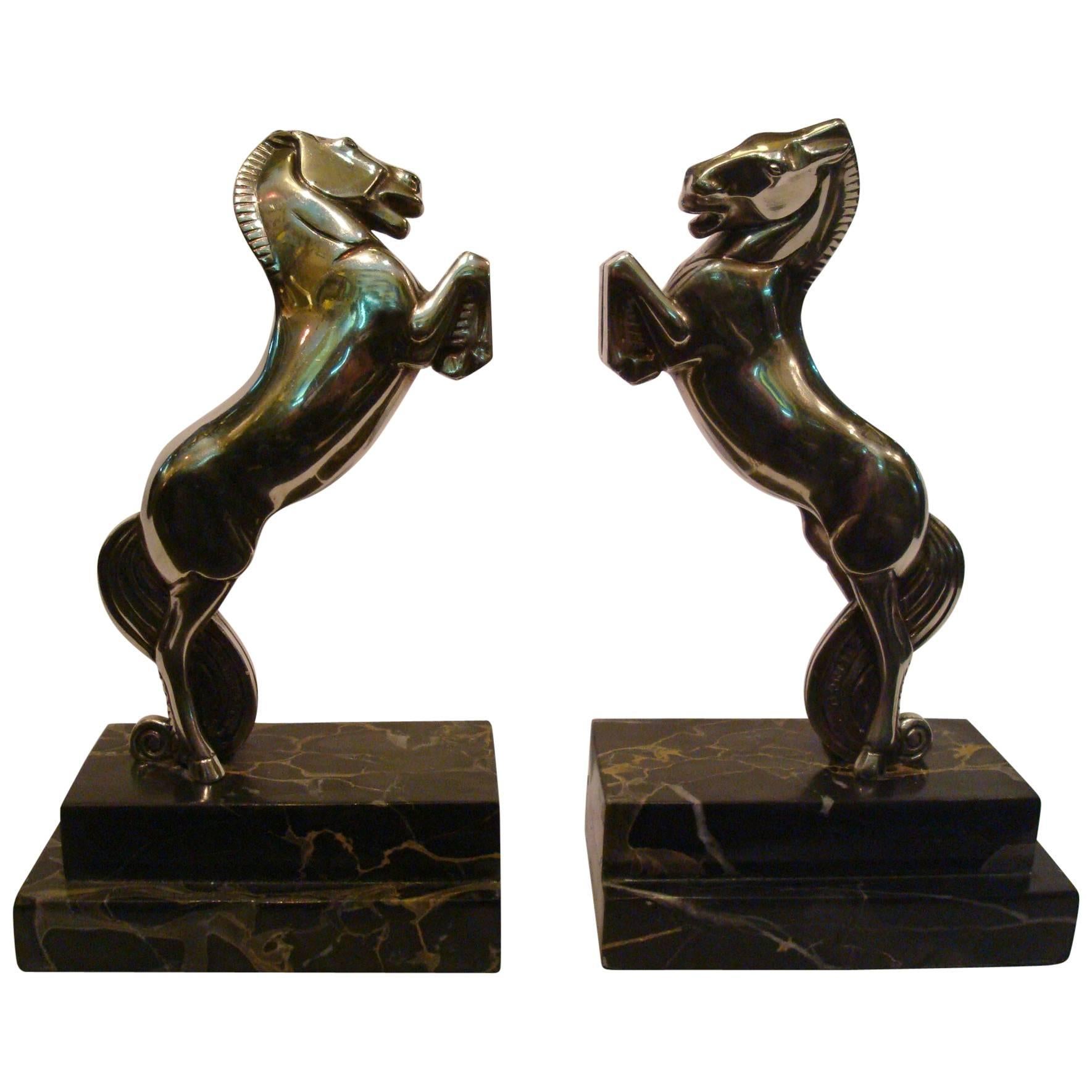 Art Deco Silvered Bronze Horse Bookends by Becquerel, France, 1930