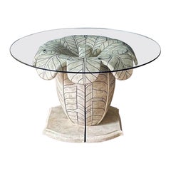 Post Modern Tessellated Stone Leaf Motif Split-Base Dining Table