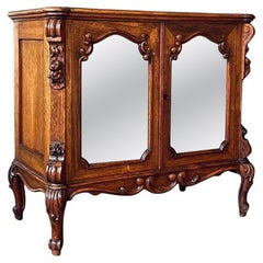 Antique French Louis XV Style Walnut Cabinet w/ Mirrored Doors