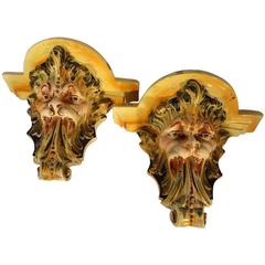 Early 19th Century Renaissance Style Majolica Lion Head Shelves, Pair