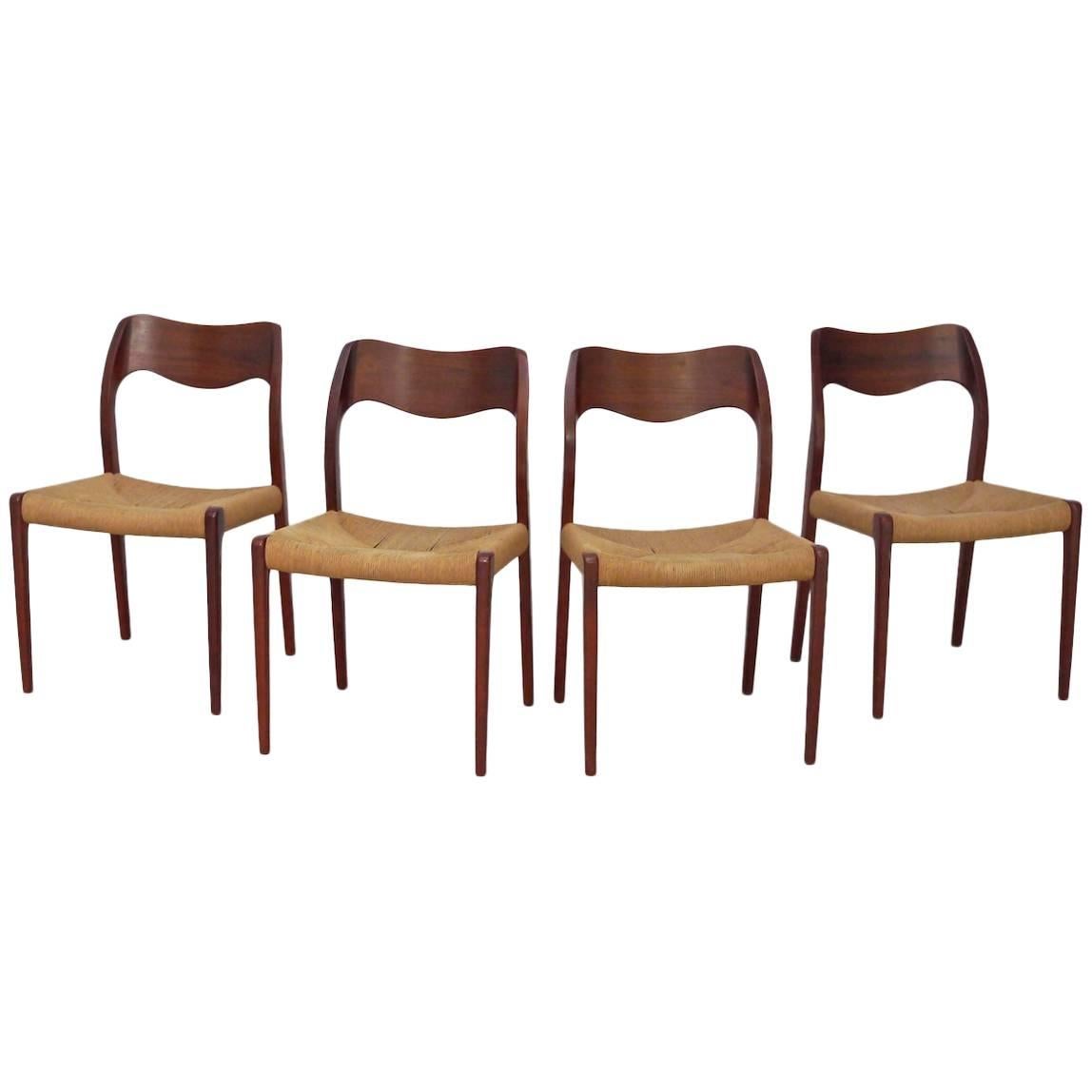 Niels Møller Model 71, Set of Four Teak and Cord Dining Chairs, Denmark, 1950s