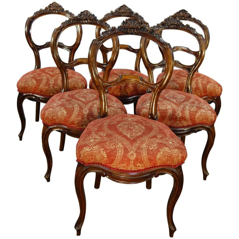 Antique Italian Louis Philippe Style Set of Six Solid Walnut Carved